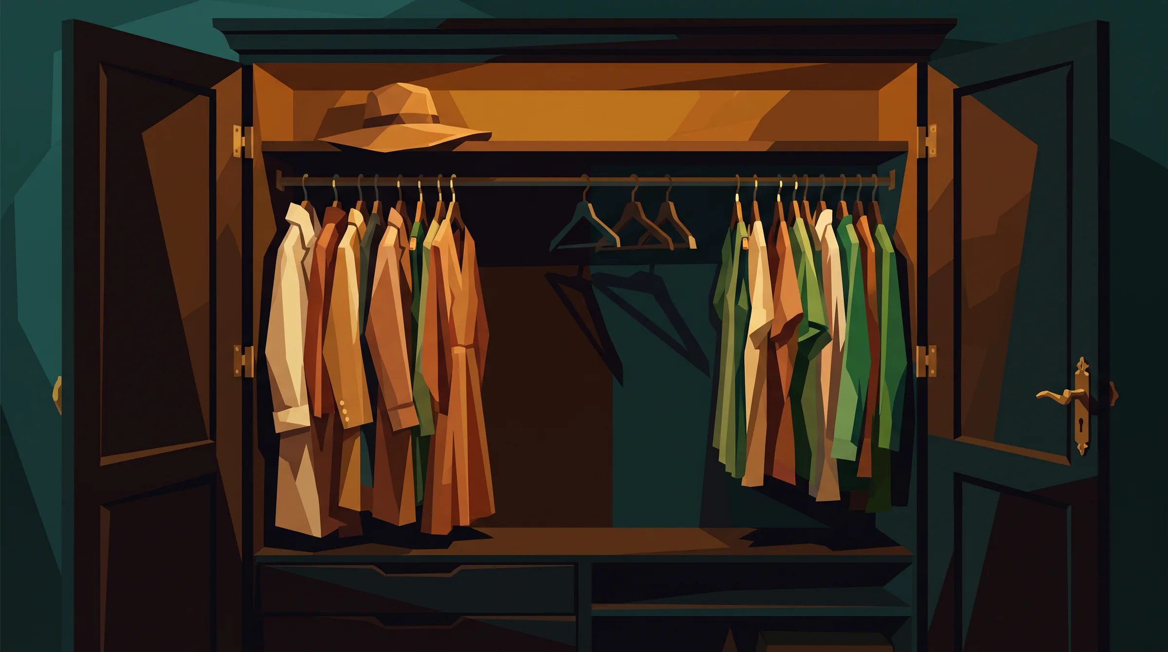 Guarda-roupa aberto e iluminado, com um chapéu na prateleira