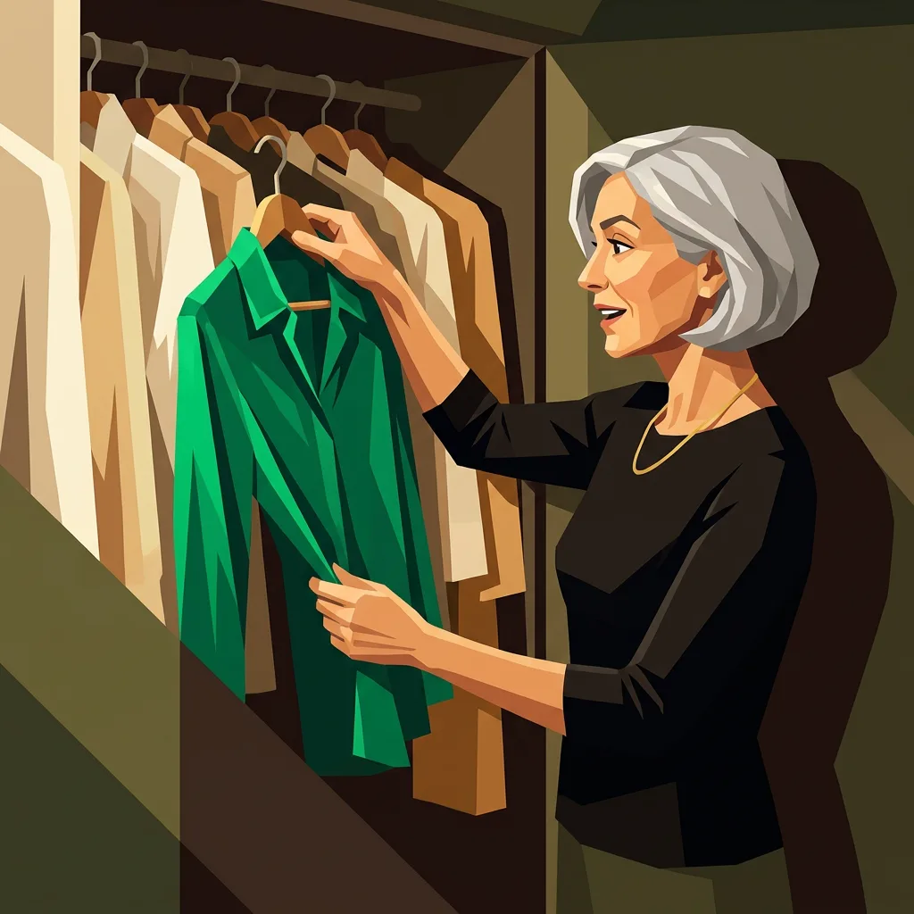Mulher tirando do armário uma camisa de seda verde que estava esquecida